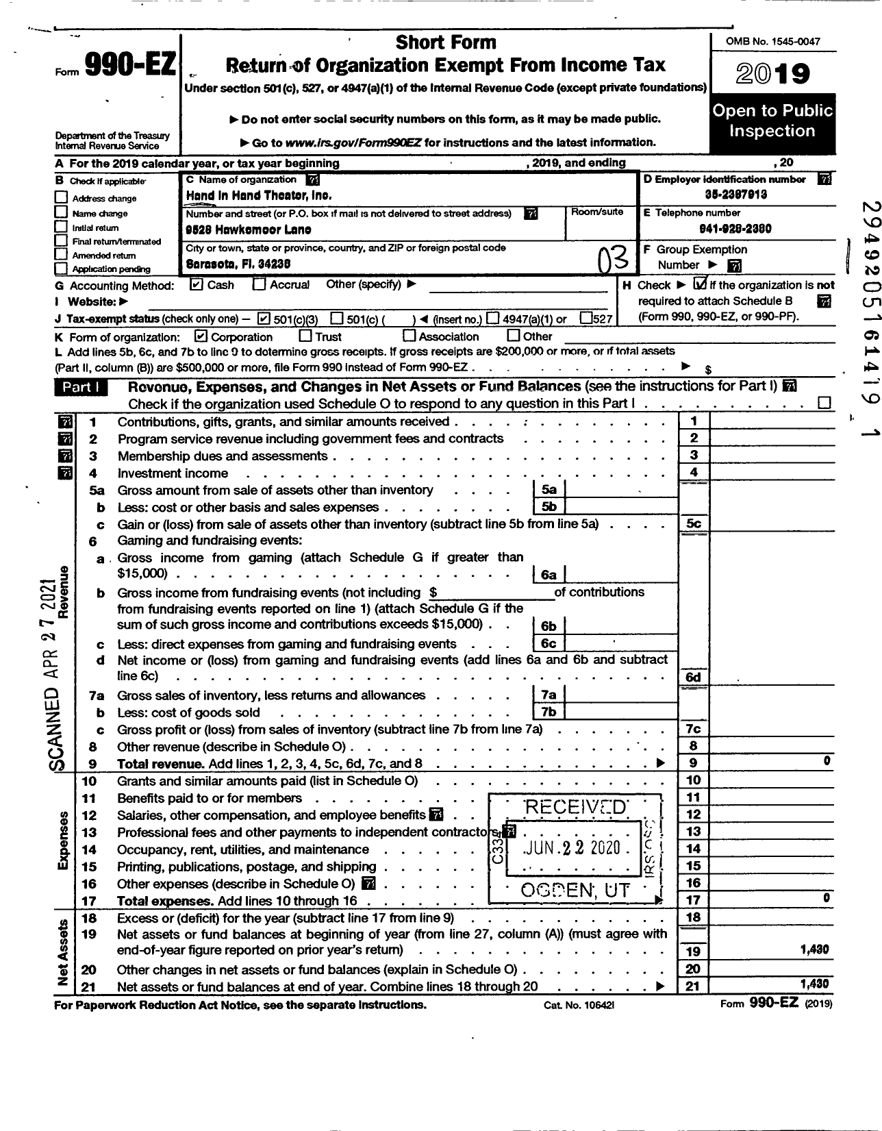 Image of first page of 2019 Form 990EZ for Hand in Hand Theater