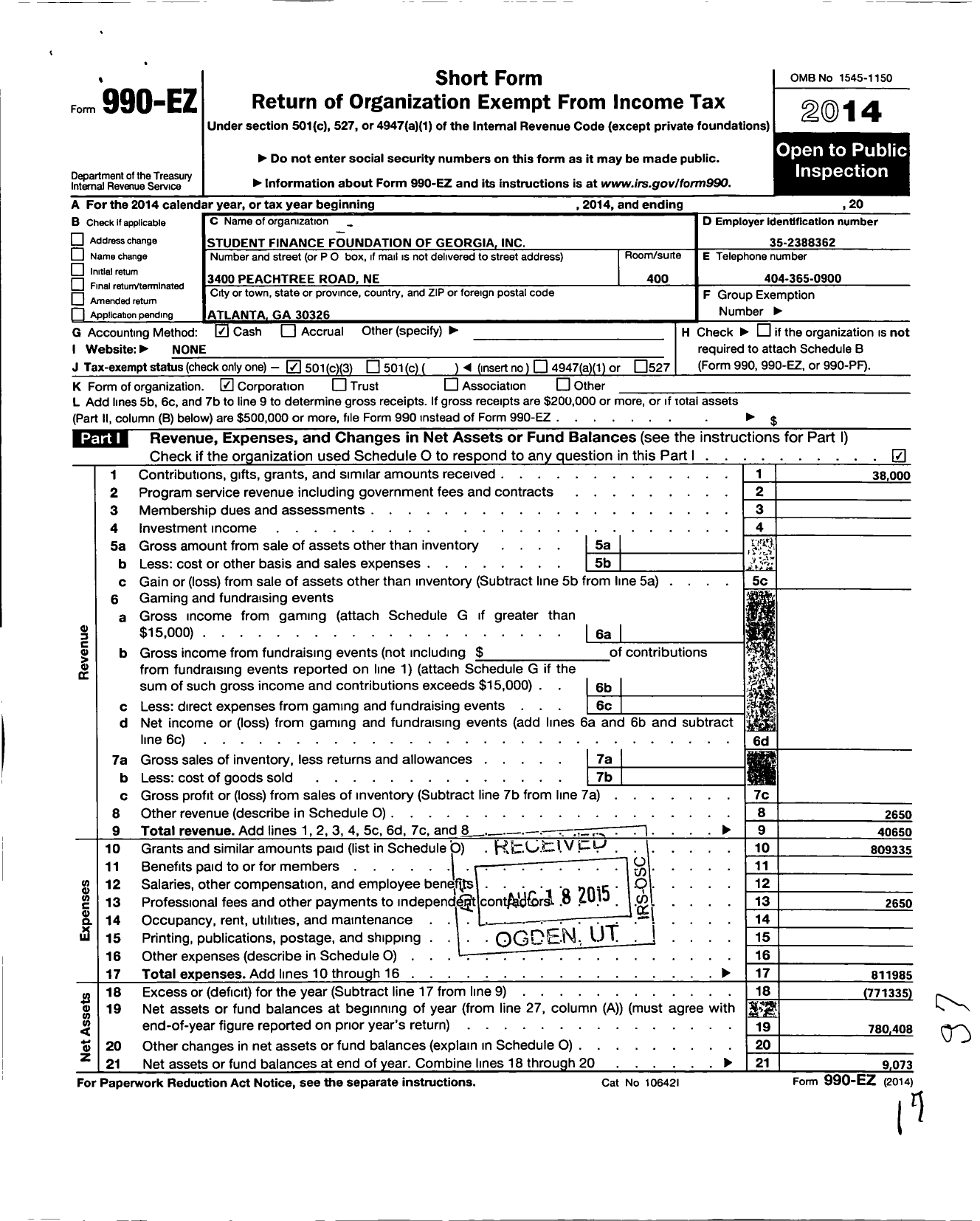 Image of first page of 2014 Form 990EZ for Student Finance Foundation Georgia