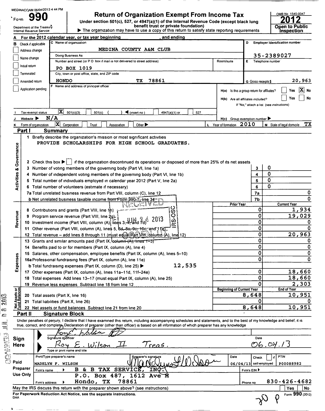 Image of first page of 2012 Form 990 for Medina County A&m Club