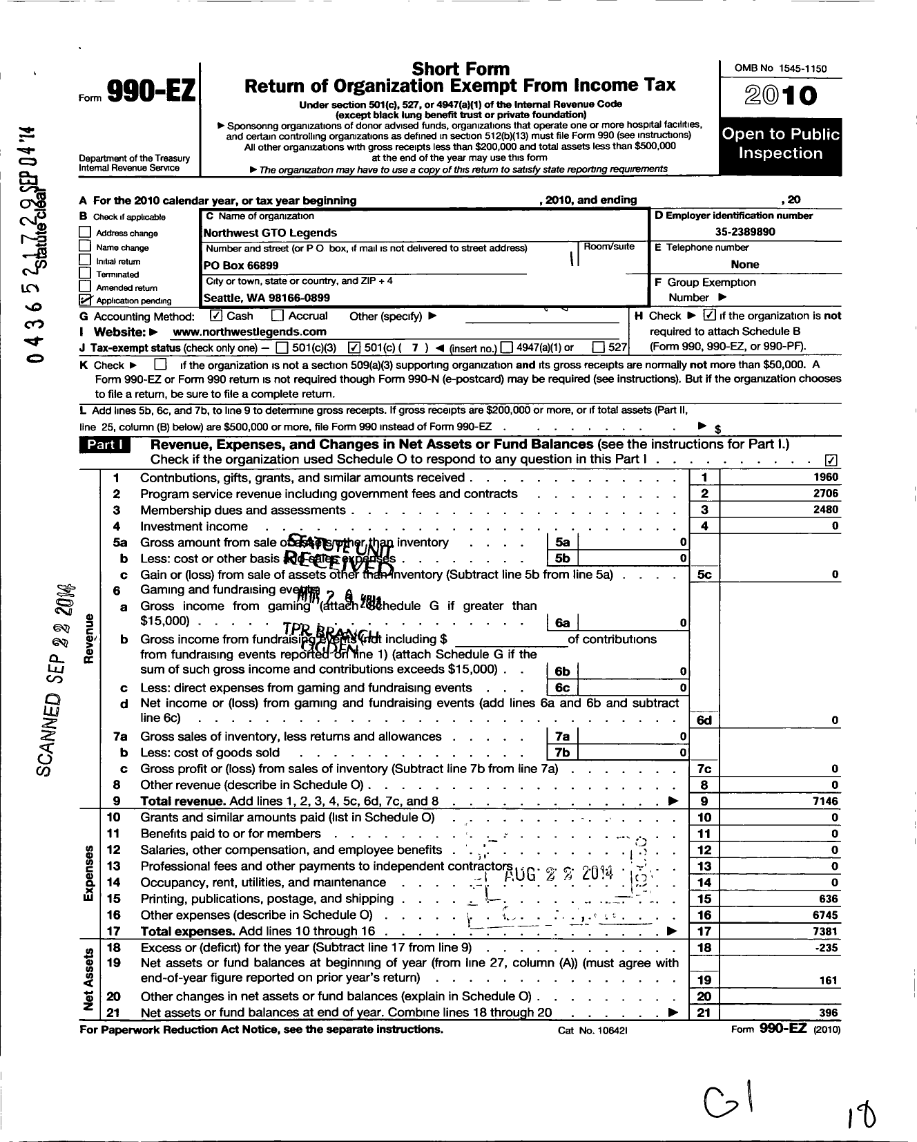 Image of first page of 2010 Form 990EO for Northwest Gto Legends