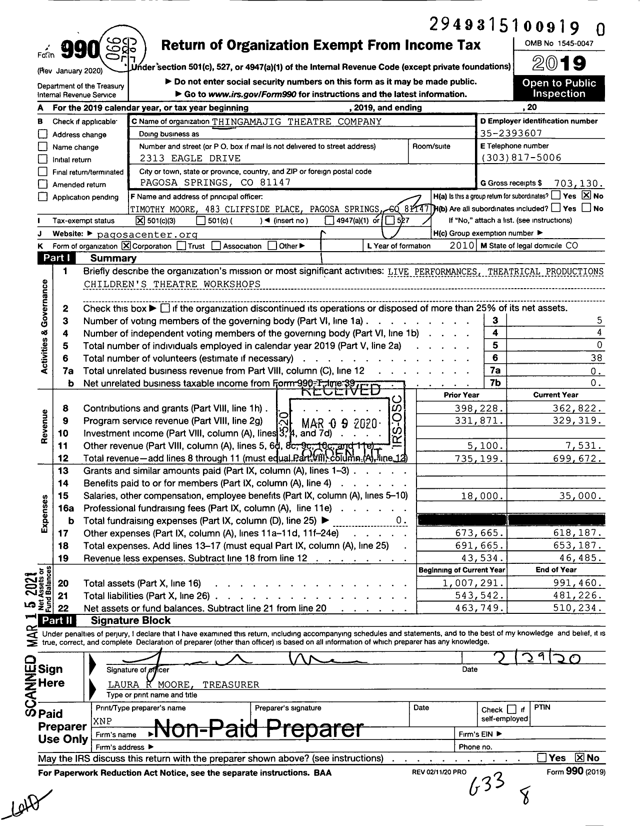 Image of first page of 2019 Form 990 for Thingamajig Theatre Company