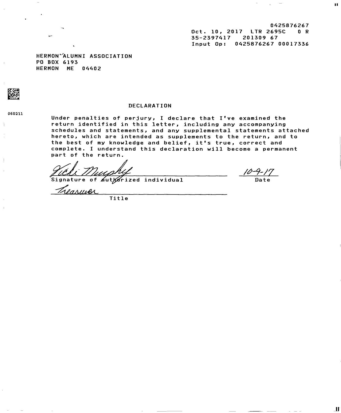 Image of first page of 2012 Form 990ER for Hermon Alumni Association