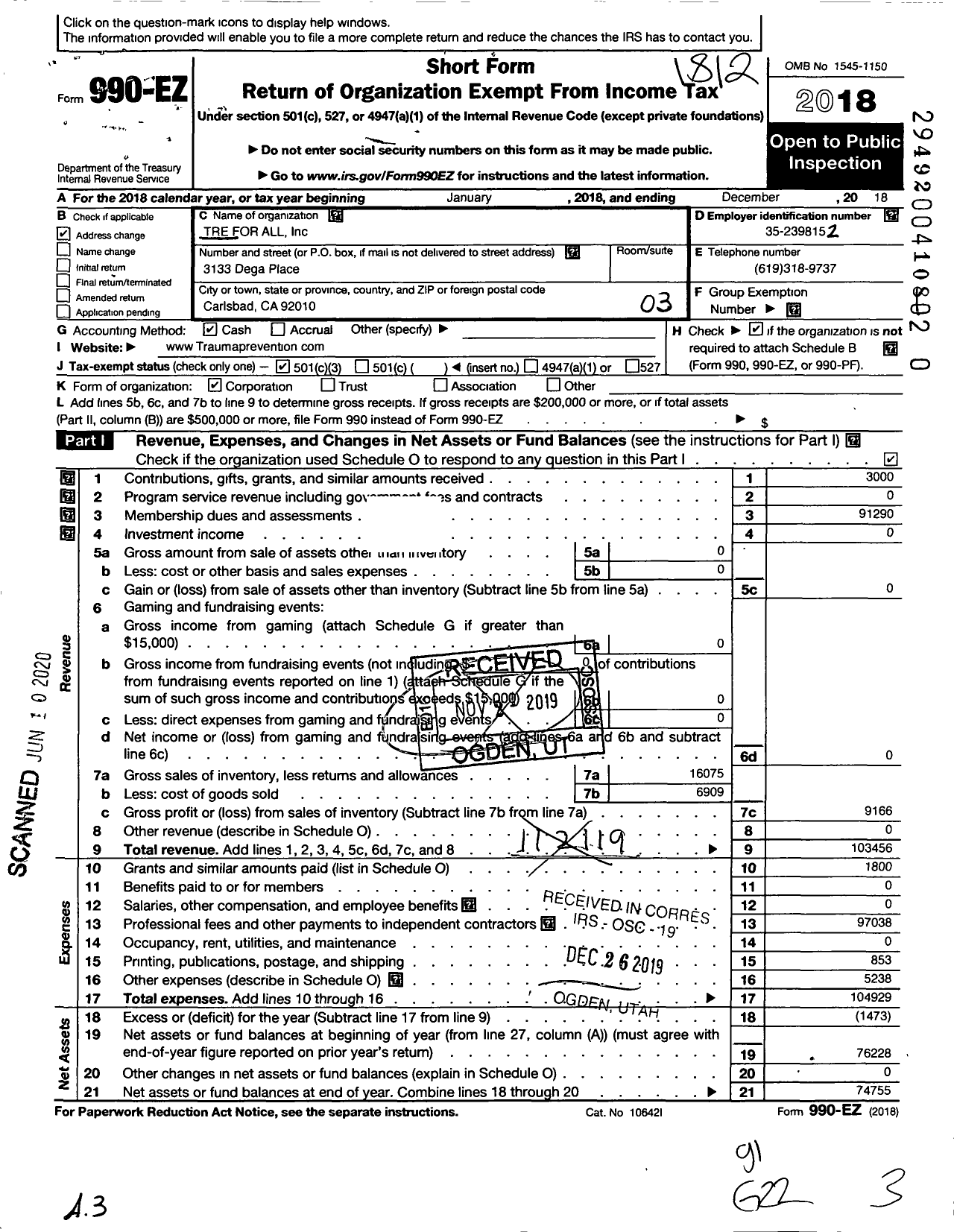 Image of first page of 2018 Form 990EZ for Tre for All