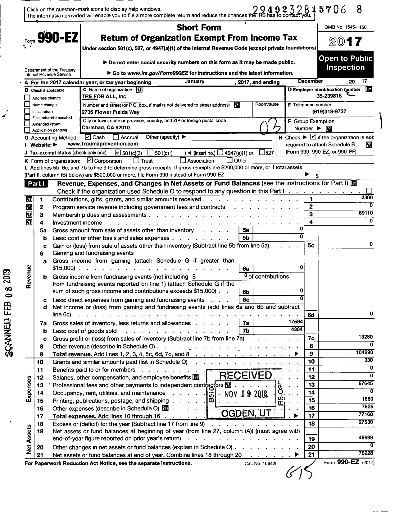 Image of first page of 2017 Form 990EZ for Tre for All