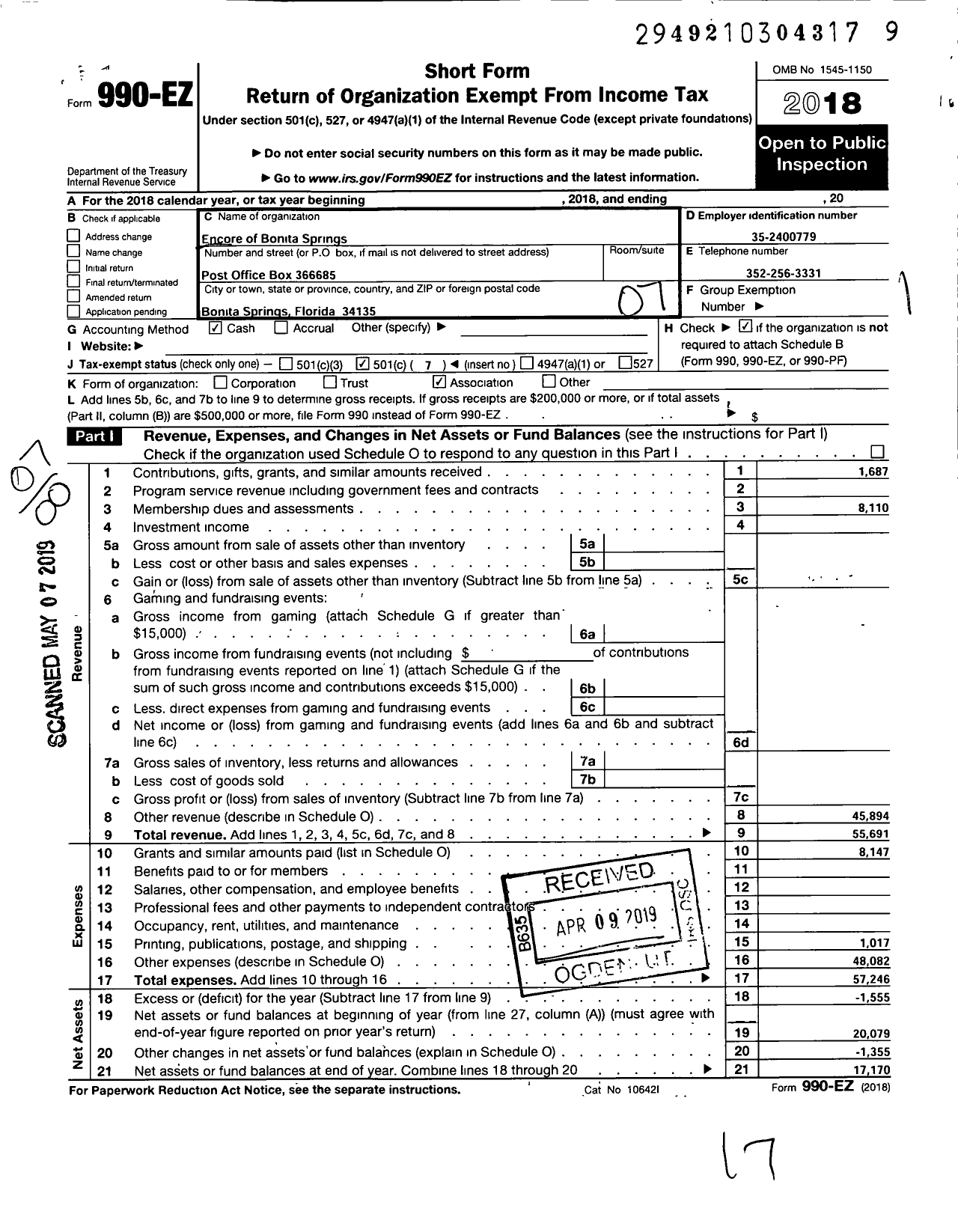 Image of first page of 2018 Form 990EO for Encore of Bonita Springs