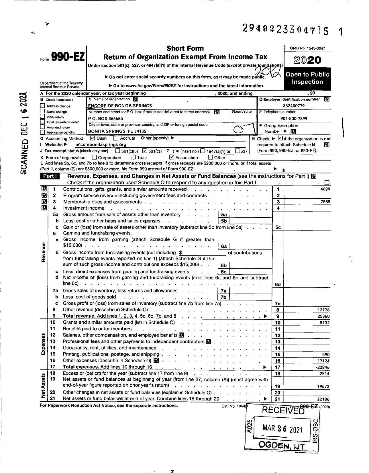 Image of first page of 2020 Form 990EO for Encore of Bonita Springs