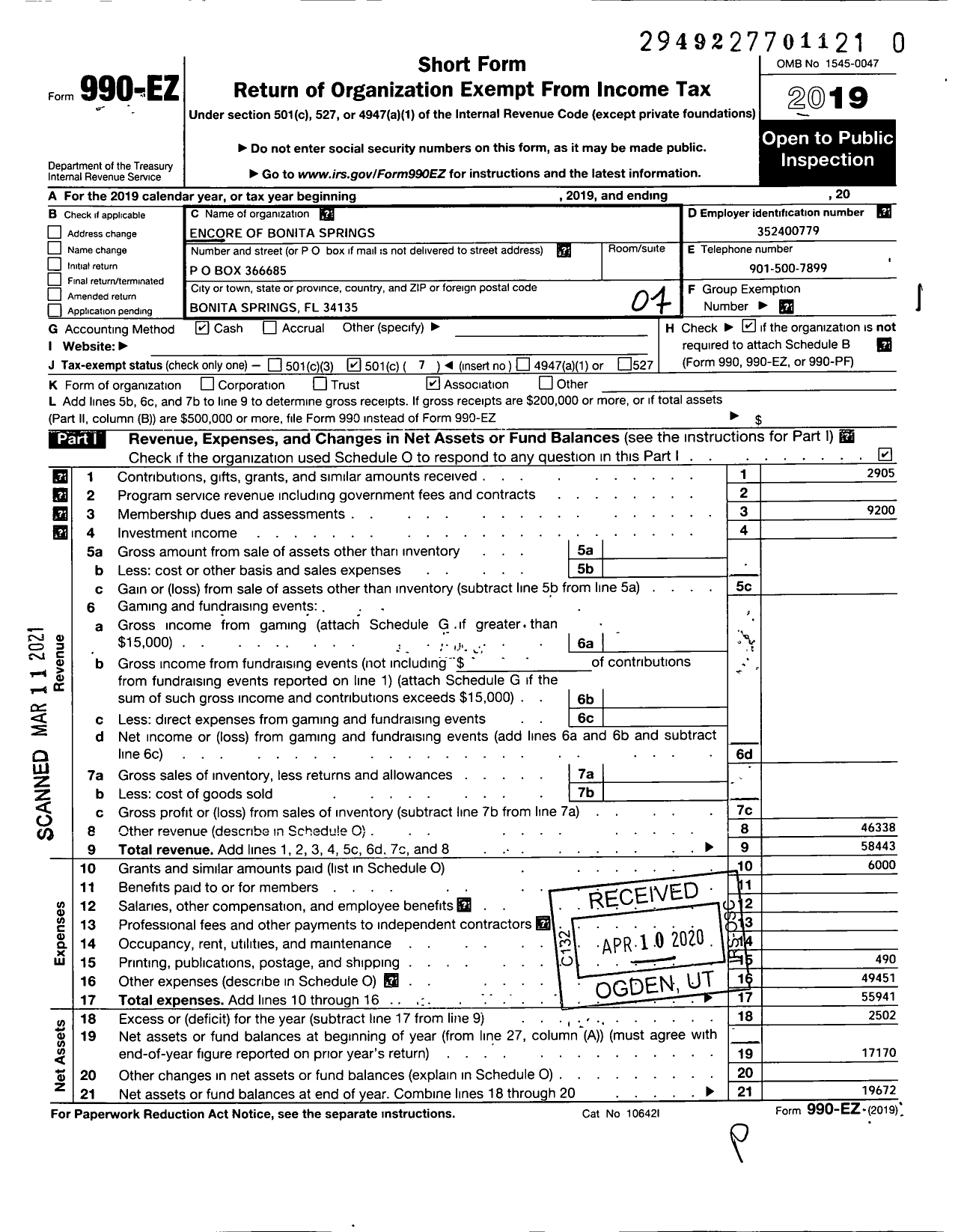 Image of first page of 2019 Form 990EO for Encore of Bonita Springs