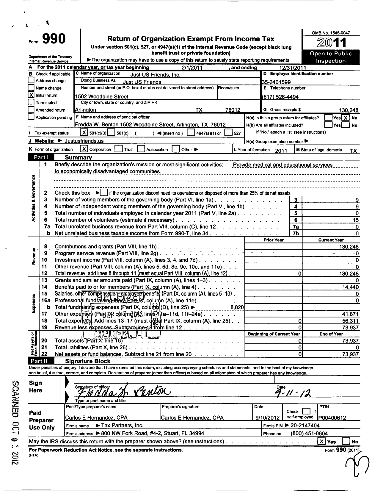 Image of first page of 2011 Form 990 for Just US Friends