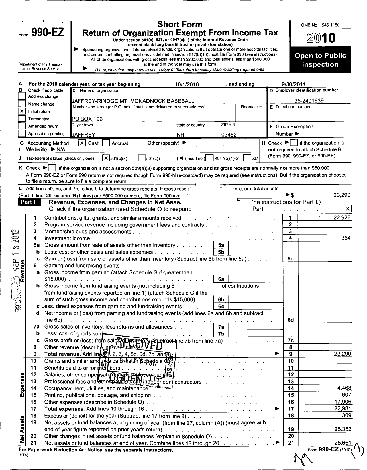Image of first page of 2010 Form 990EZ for Little League Baseball - 254390 MT Monadnock LL