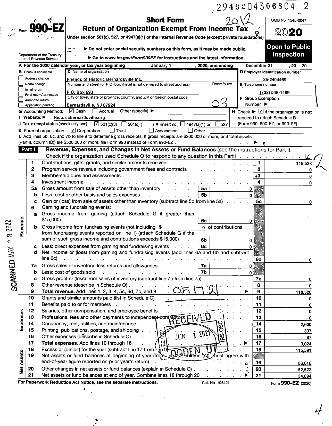 Image of first page of 2020 Form 990EZ for Friends of Historic Bernardsville