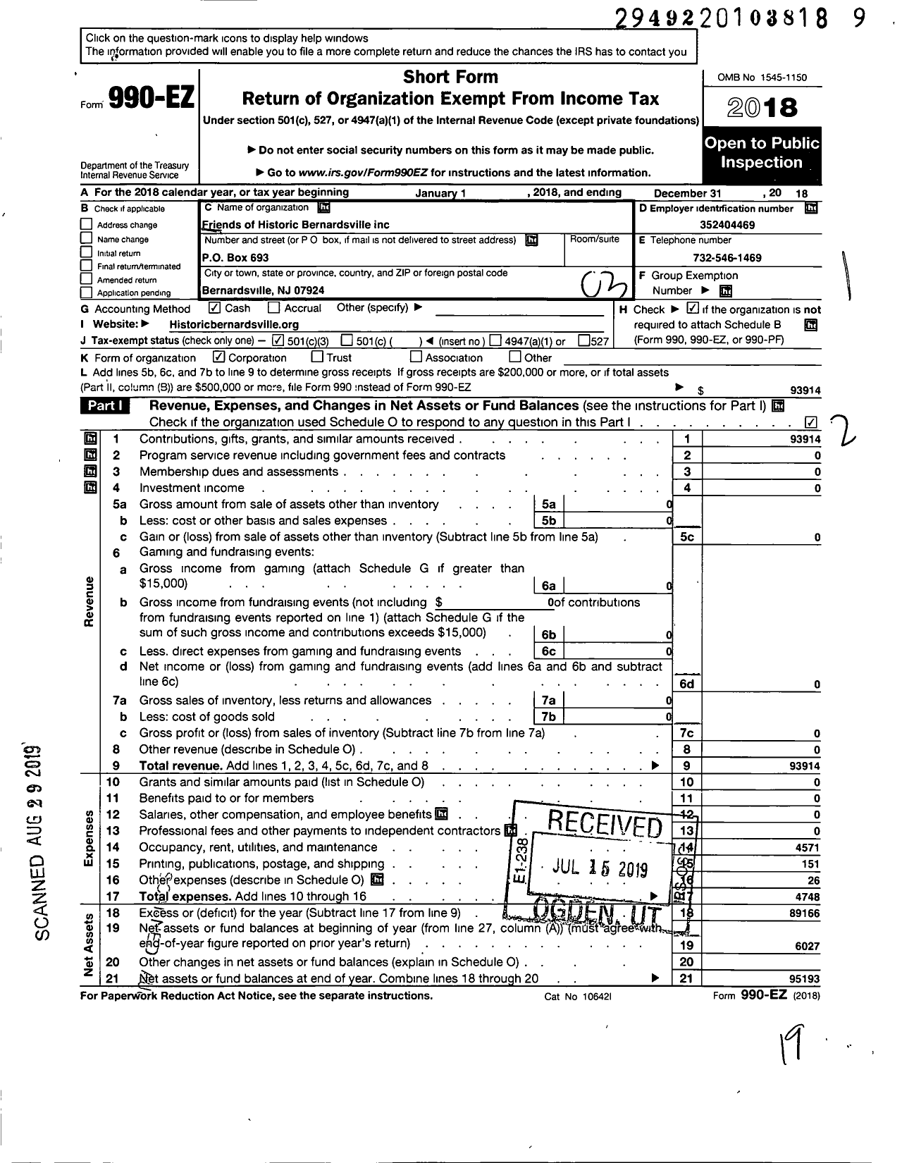 Image of first page of 2018 Form 990EZ for Friends of Historic Bernardsville