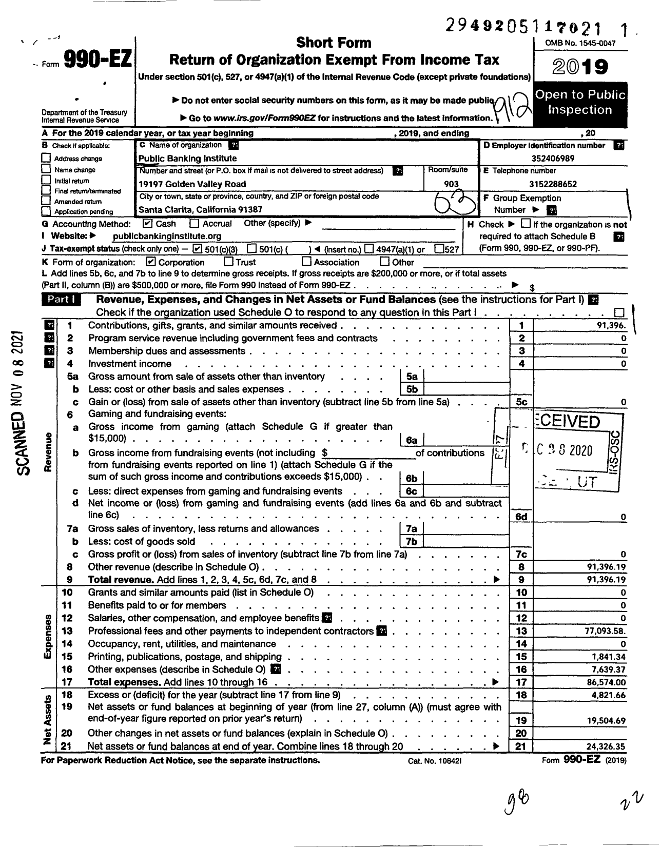 Image of first page of 2019 Form 990EZ for Public Banking Institute (PBI)