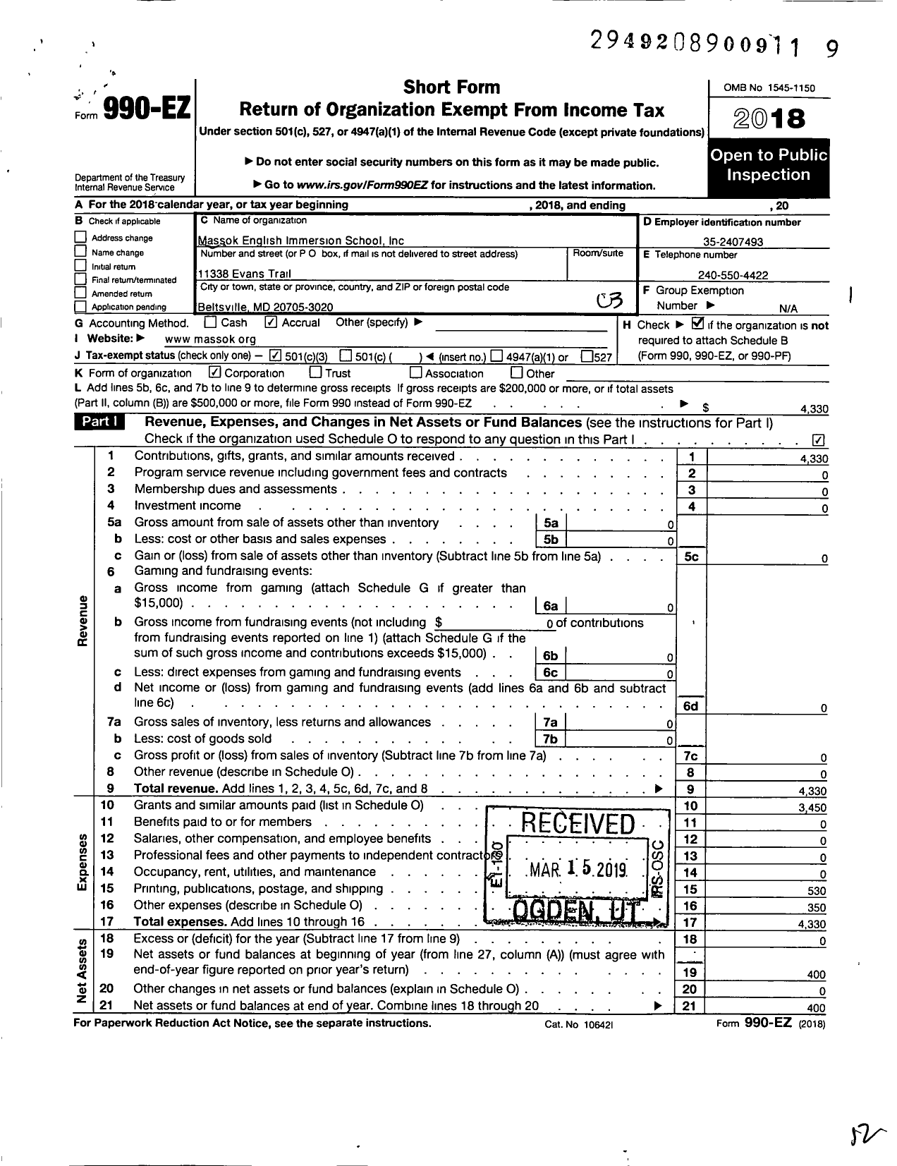 Image of first page of 2018 Form 990EZ for Massok English Immersion School