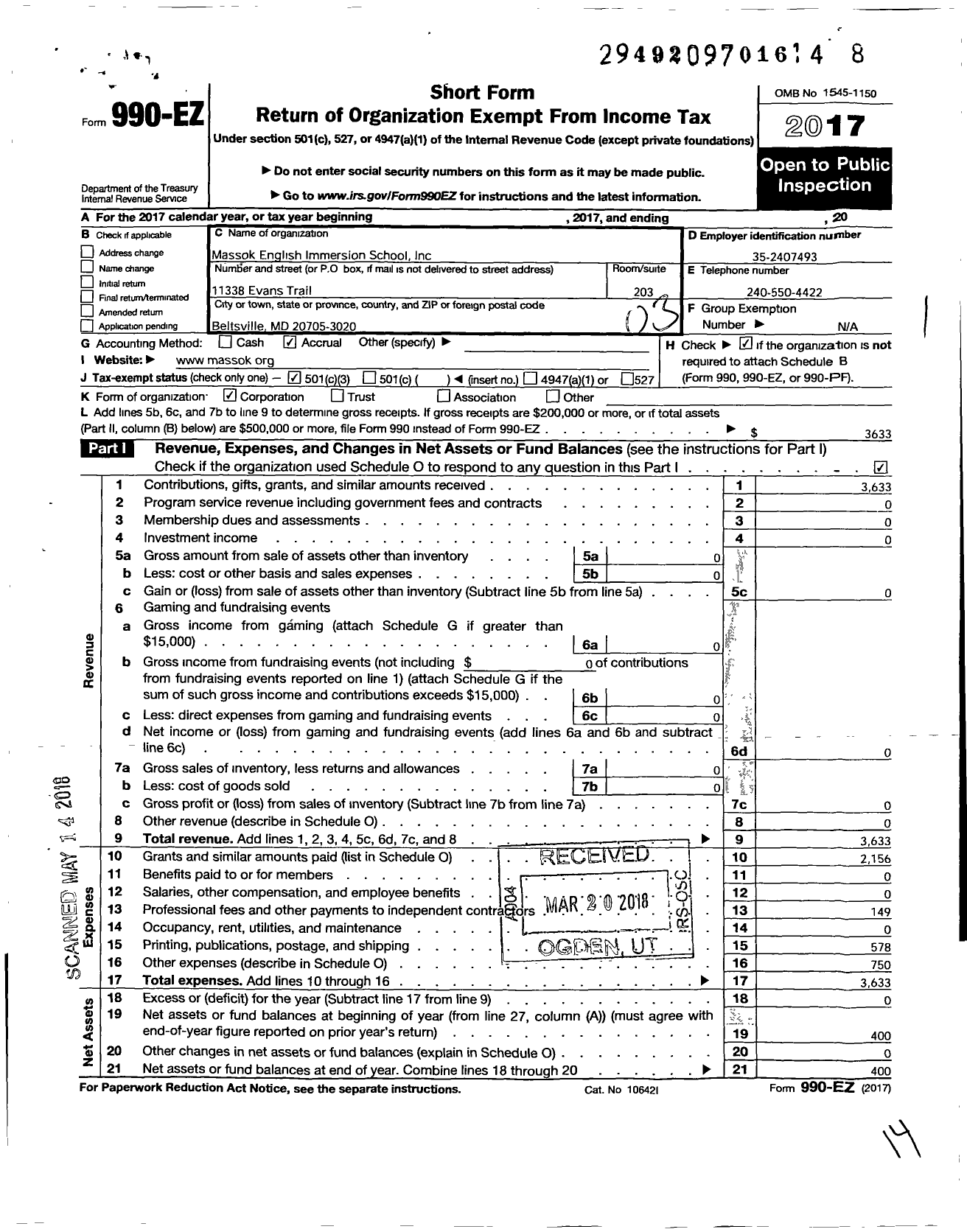 Image of first page of 2017 Form 990EZ for Massok English Immersion School