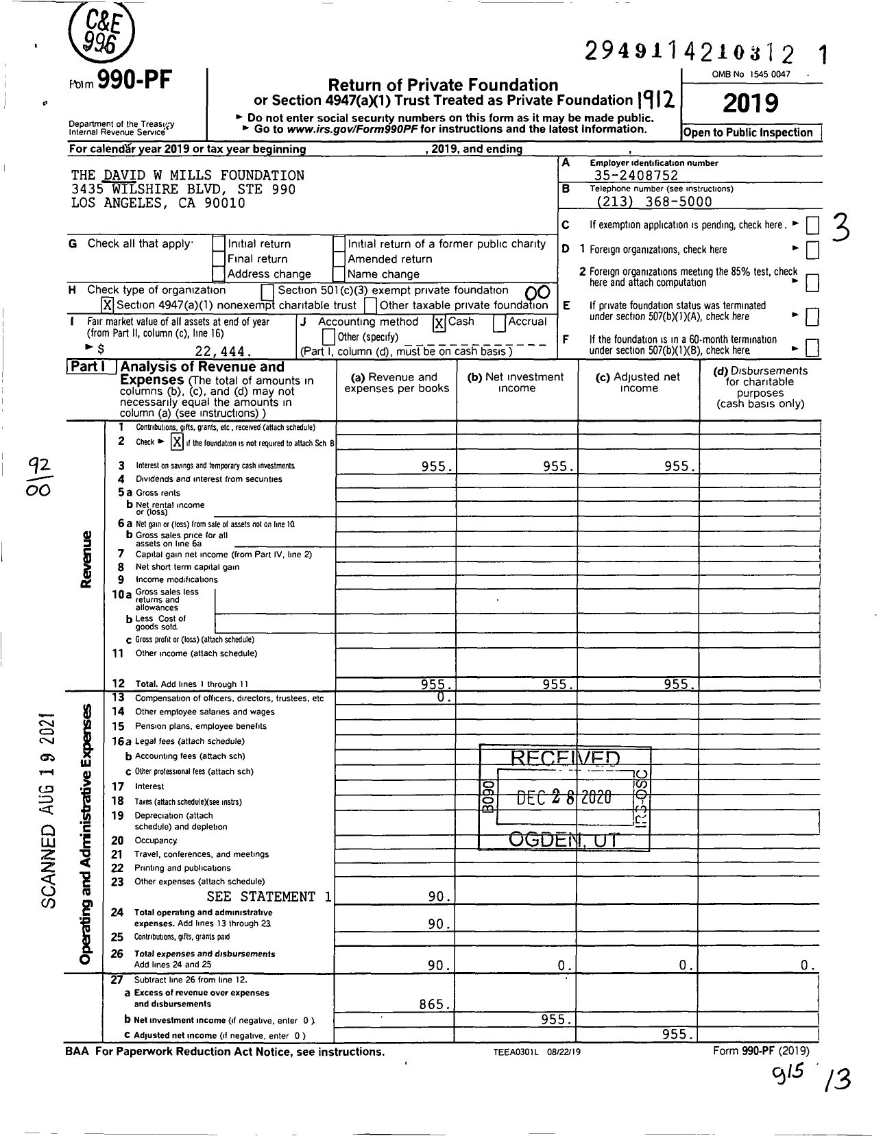 Image of first page of 2019 Form 990PF for The David W Mills Foundation