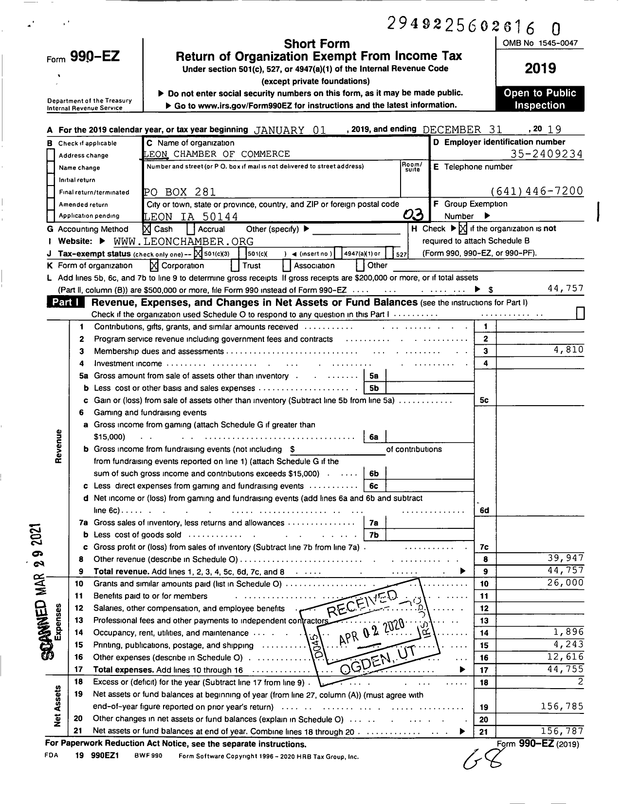 Image of first page of 2019 Form 990EZ for Leon Chamber of Commerce