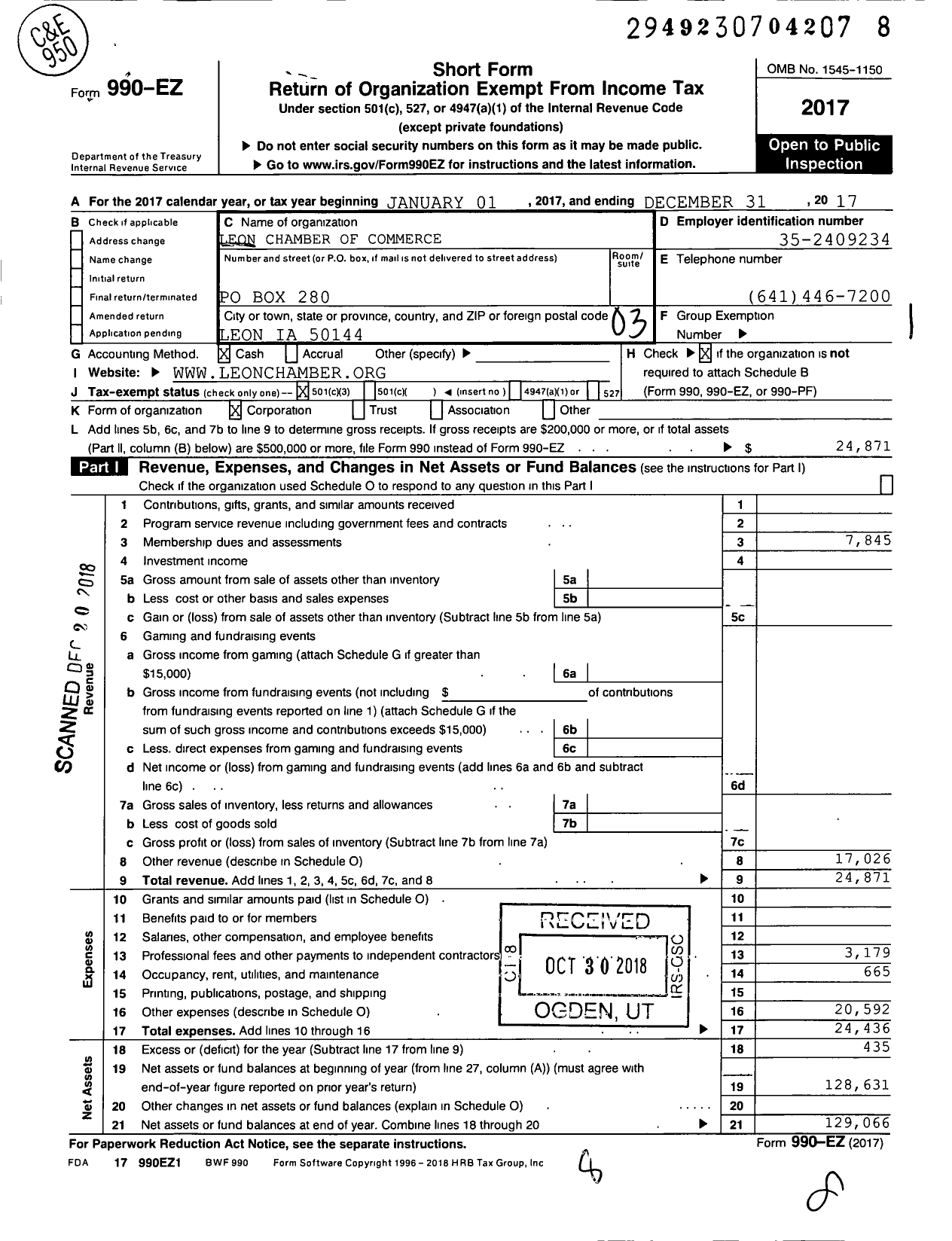 Image of first page of 2017 Form 990EZ for Leon Chamber of Commerce