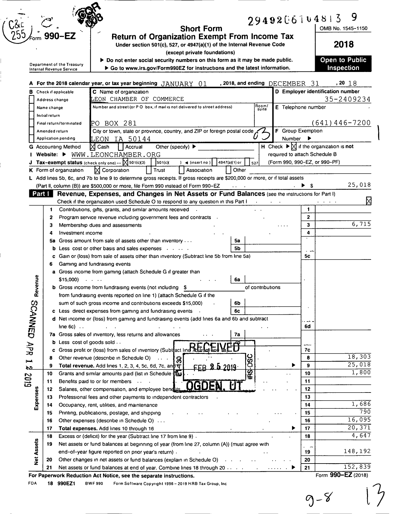 Image of first page of 2018 Form 990EZ for Leon Chamber of Commerce