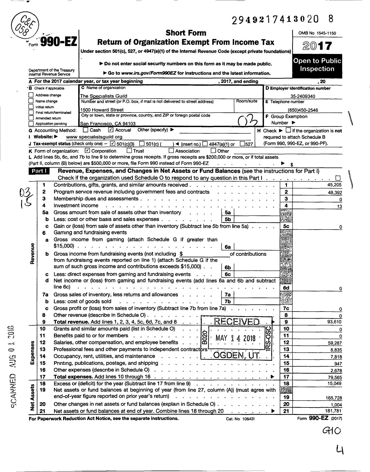 Image of first page of 2017 Form 990EZ for The Specialists Guild