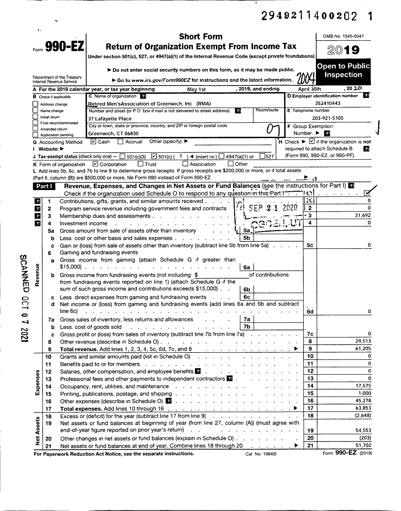 Image of first page of 2019 Form 990EO for Retired Mens Association of Greenwich