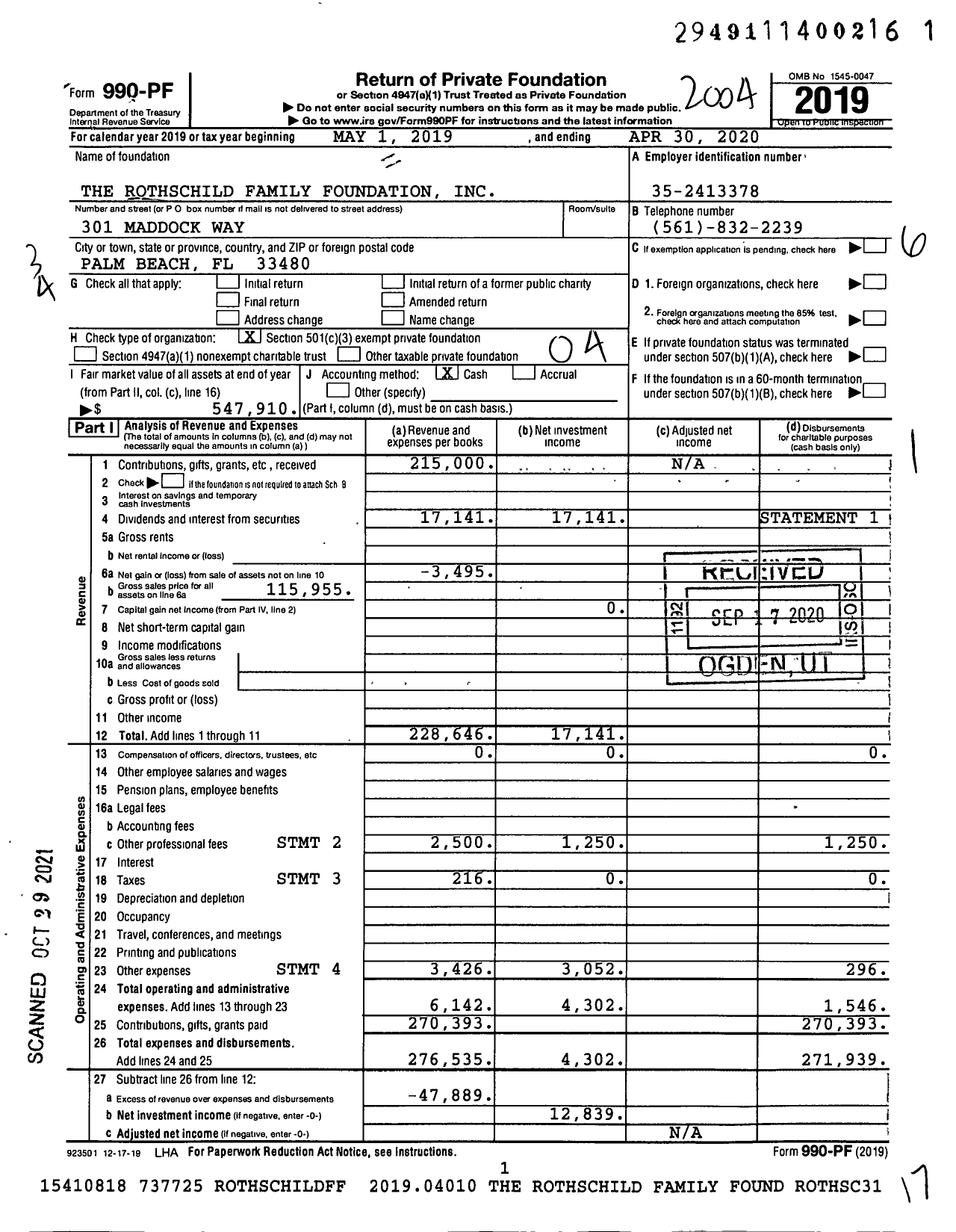 Image of first page of 2019 Form 990PF for The Rothschild Family Foundation