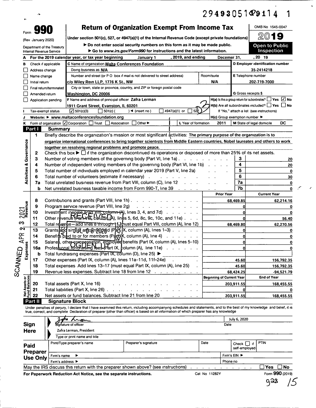 Image of first page of 2019 Form 990 for Malta Conferences Foundation