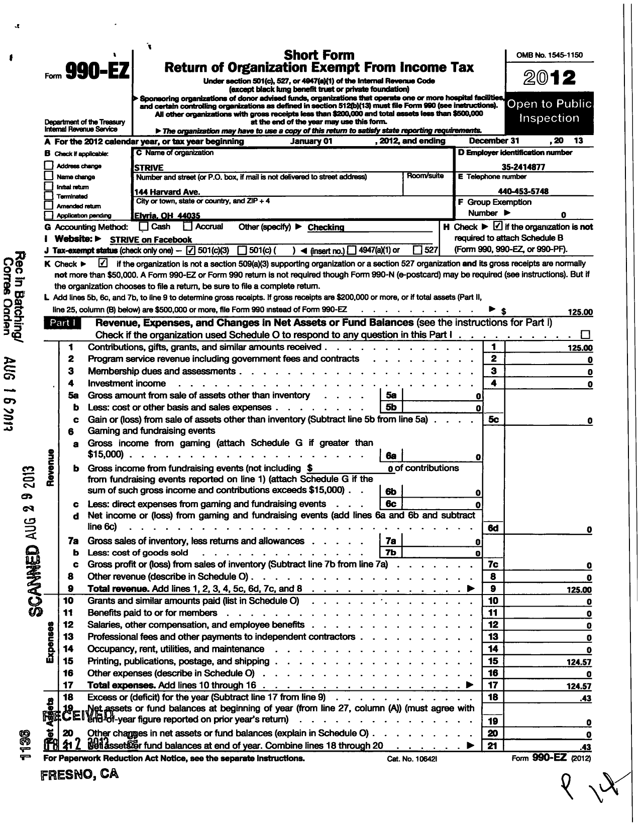 Image of first page of 2013 Form 990EZ for Strive