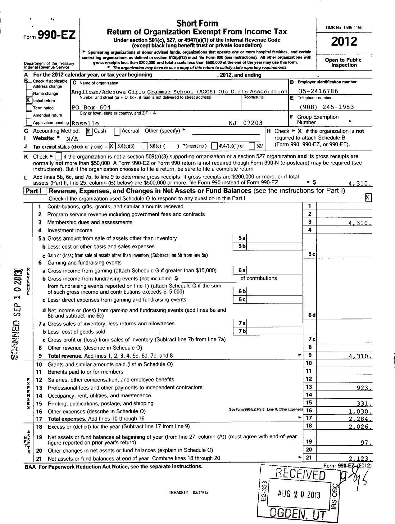 Image of first page of 2012 Form 990EZ for Anglican Adesuwa Grammar School Old Girls Association