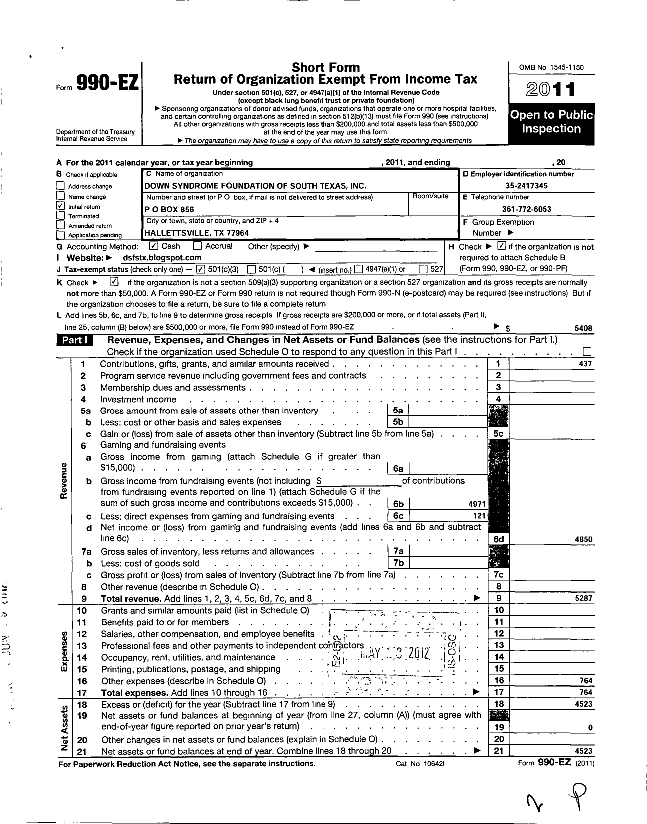 Image of first page of 2011 Form 990EZ for Down Syndrome Foundation of South Texas