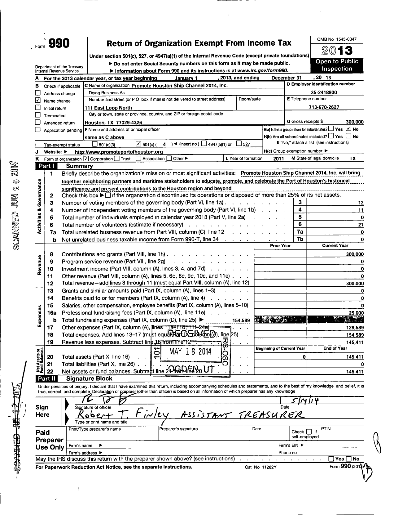 Image of first page of 2013 Form 990O for Promote Port of Houston-Aapa 2014