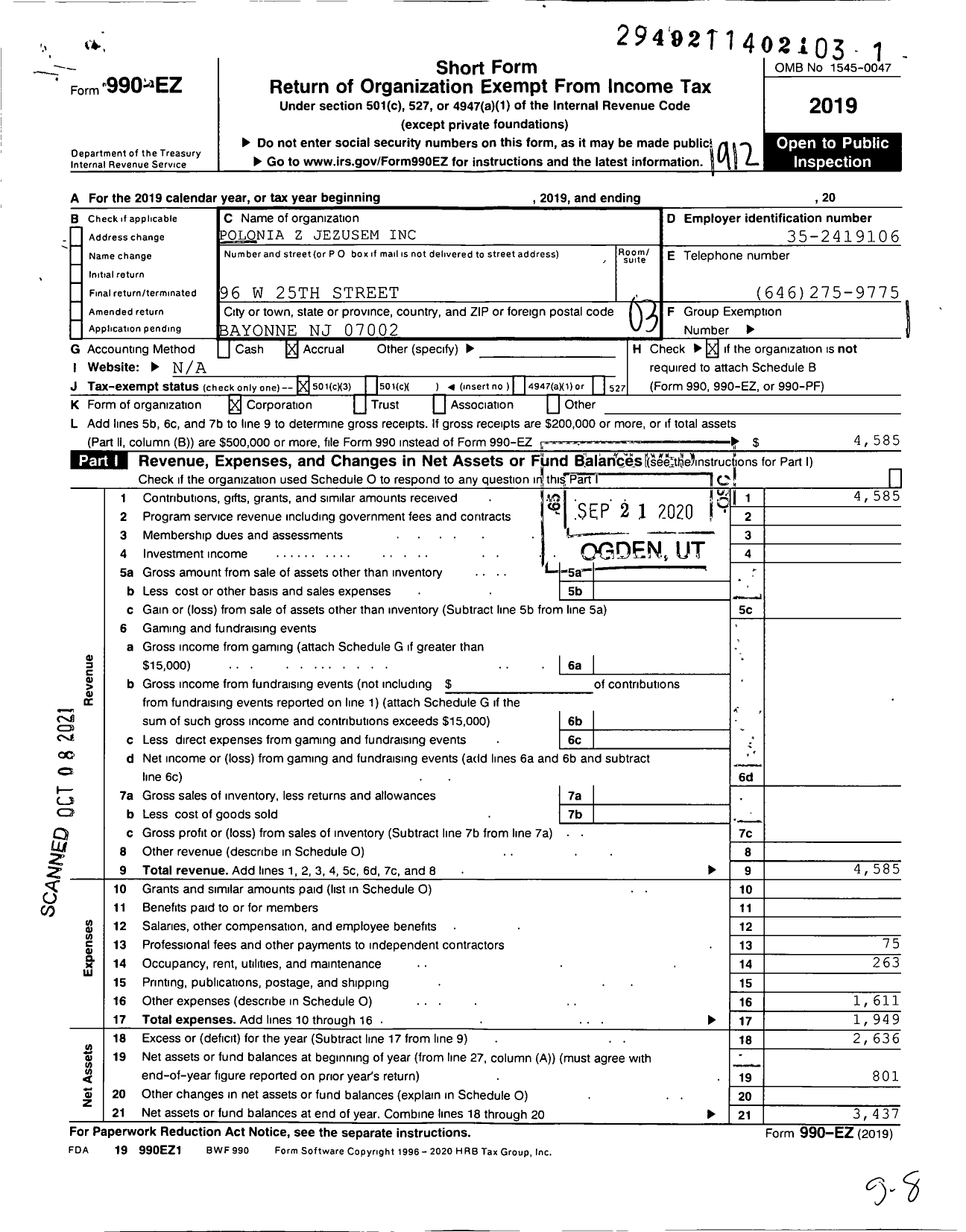 Image of first page of 2019 Form 990EZ for Polonia Z Jezusem