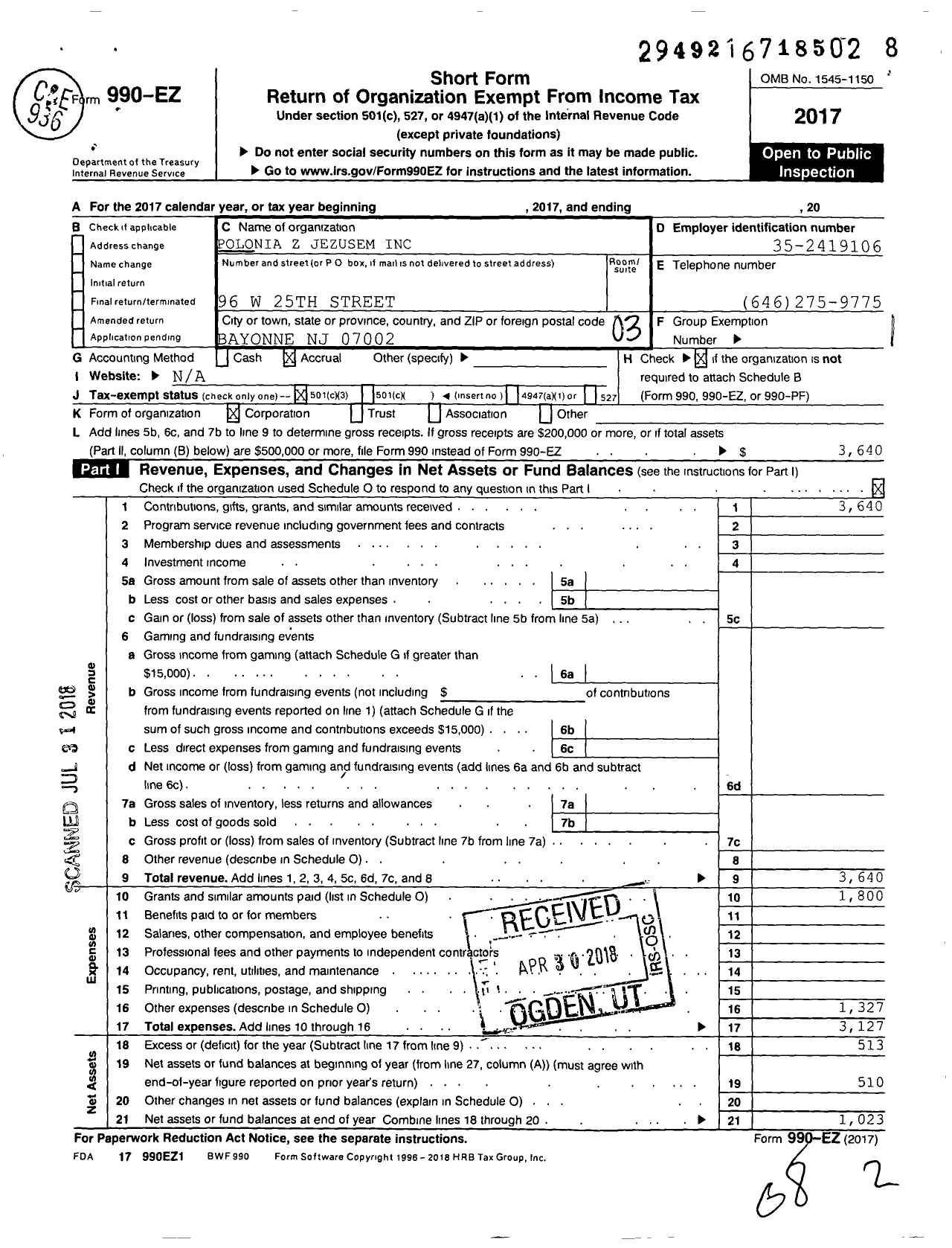 Image of first page of 2017 Form 990EZ for Polonia Z Jezusem