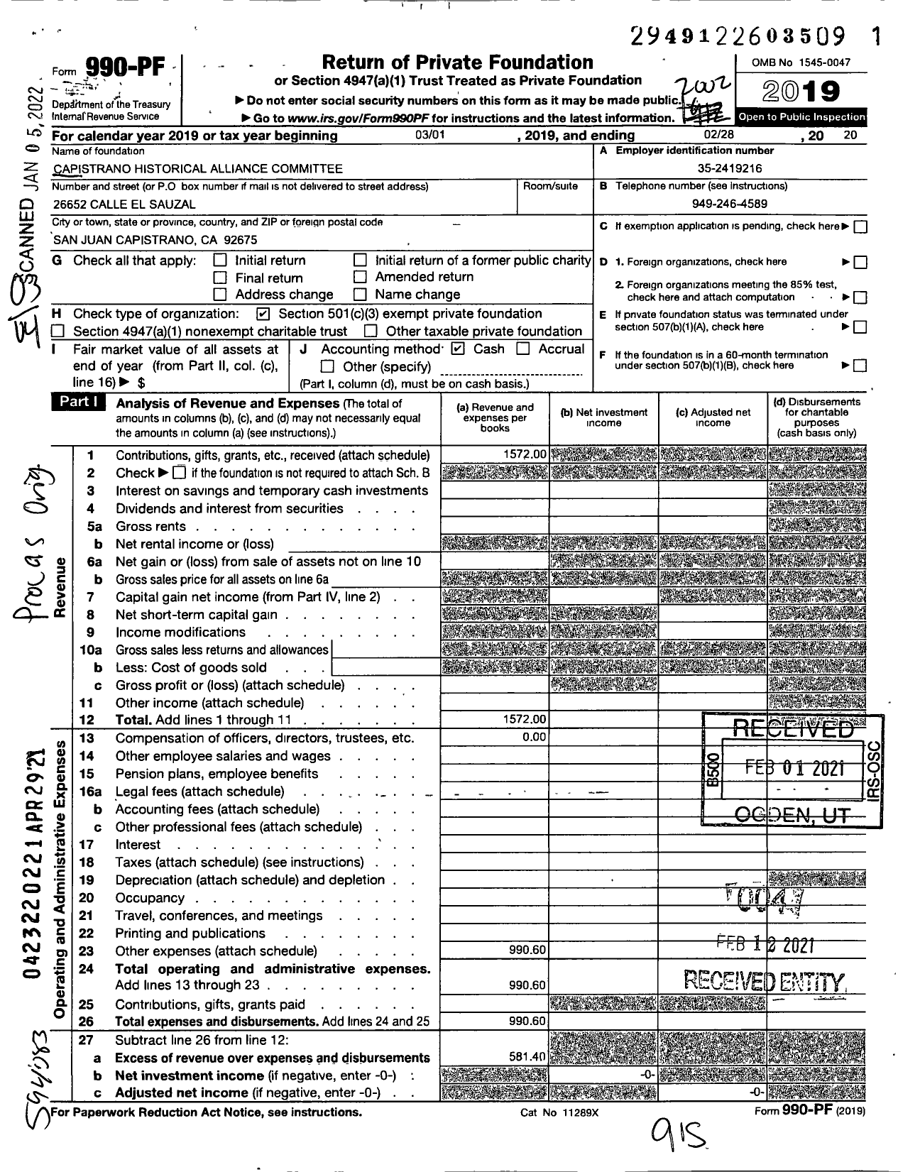 Image of first page of 2019 Form 990PF for Capistrano Historical Alliance Committee