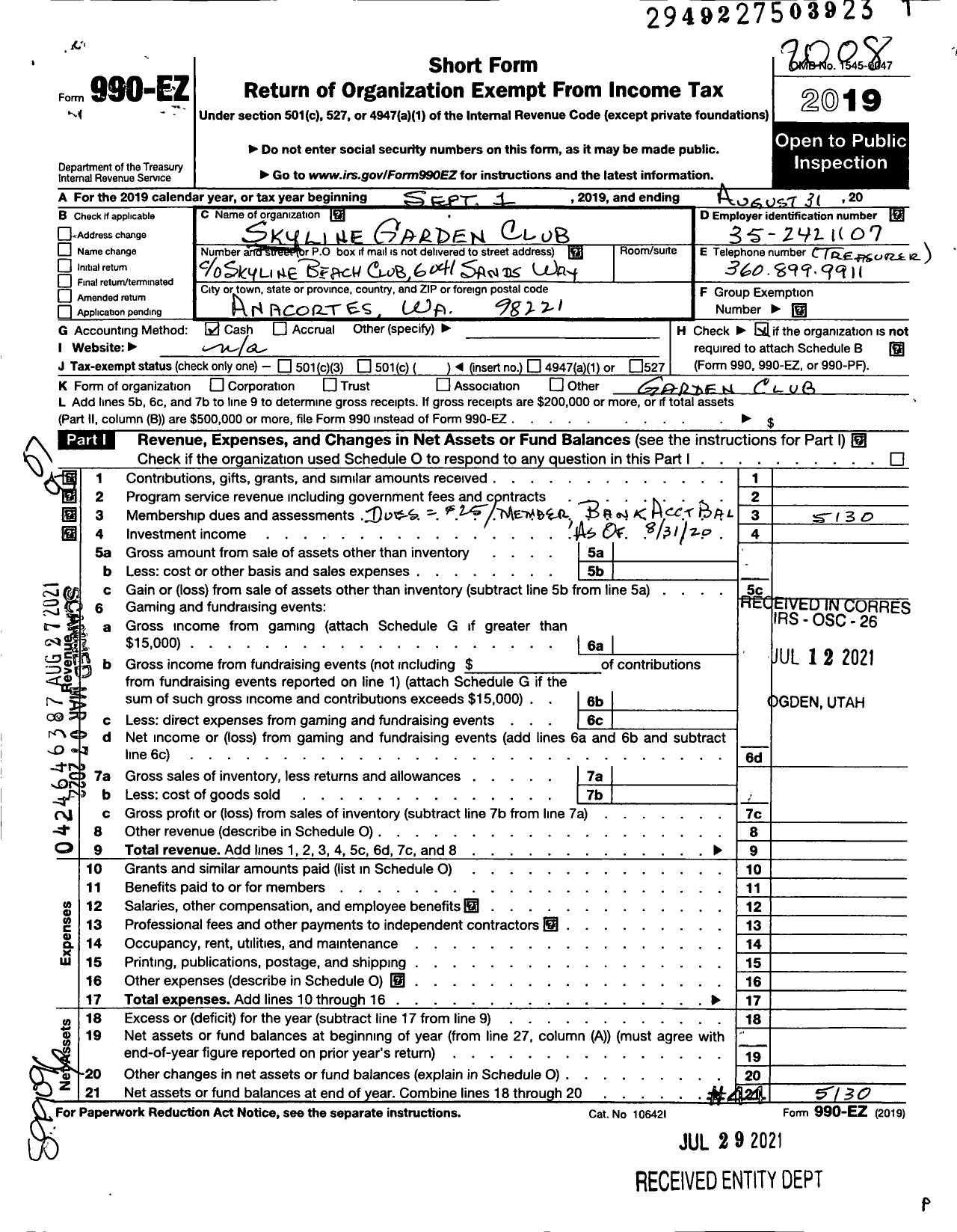 Image of first page of 2019 Form 990EO for Skyline Garden Club