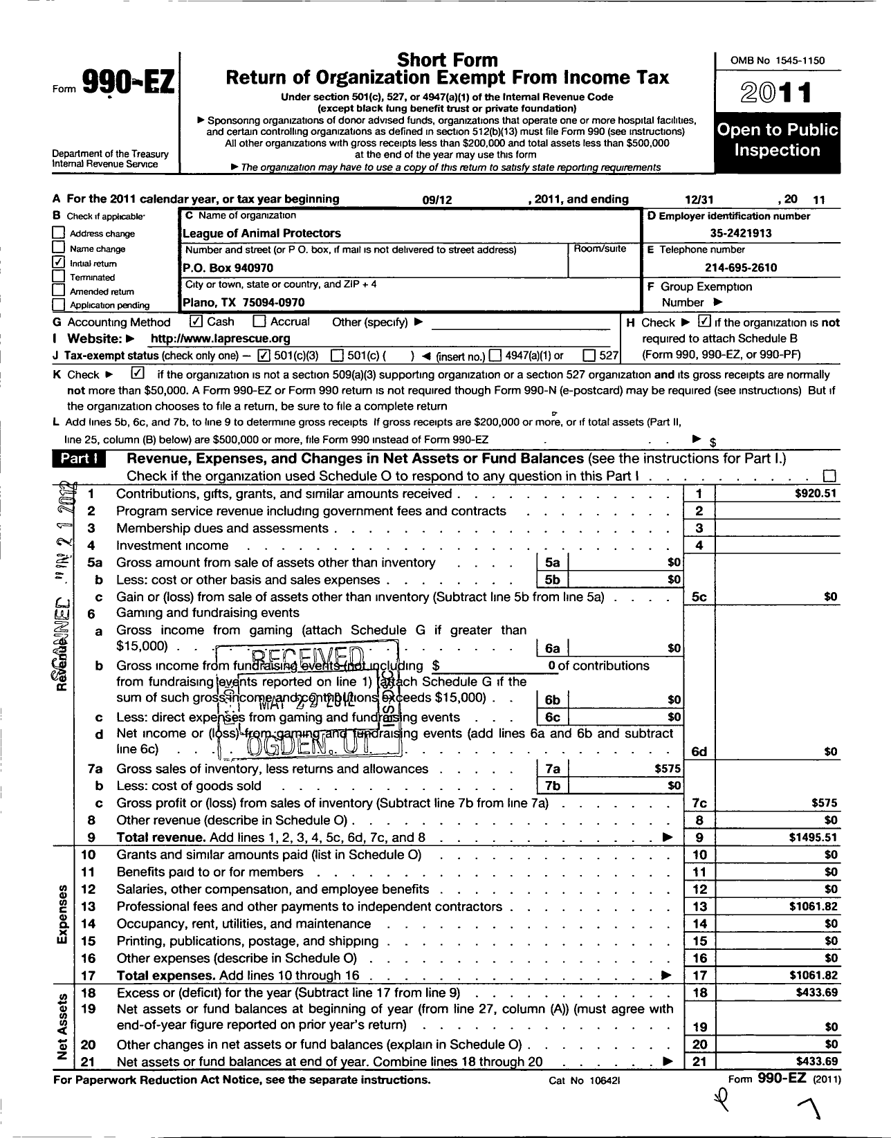 Image of first page of 2011 Form 990EZ for League of Animal Protectors