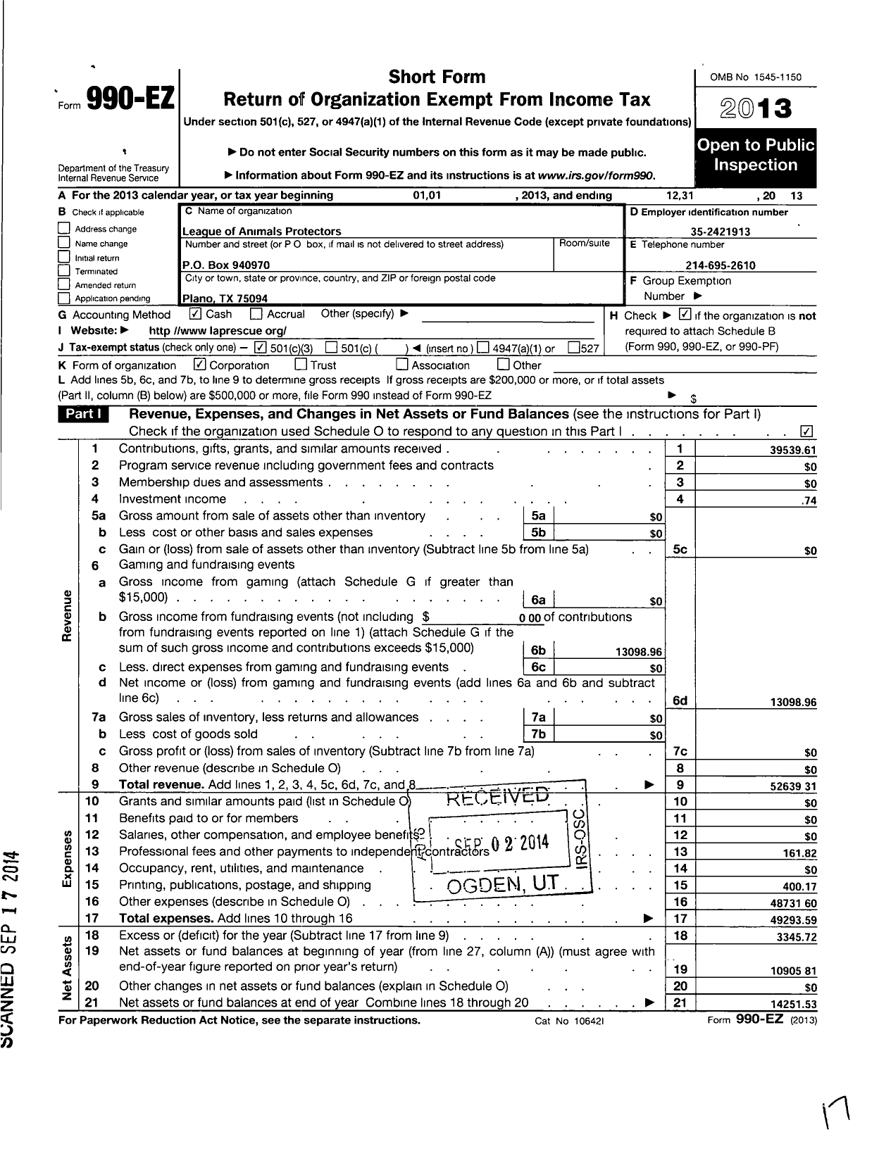 Image of first page of 2013 Form 990EZ for League of Animal Protectors