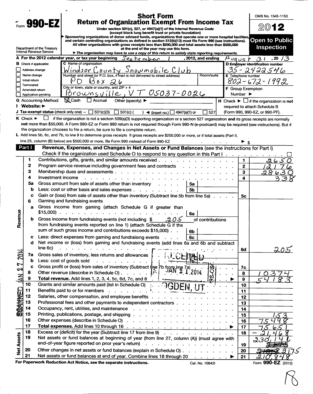 Image of first page of 2012 Form 990EO for Windsor County Snowmobile Club