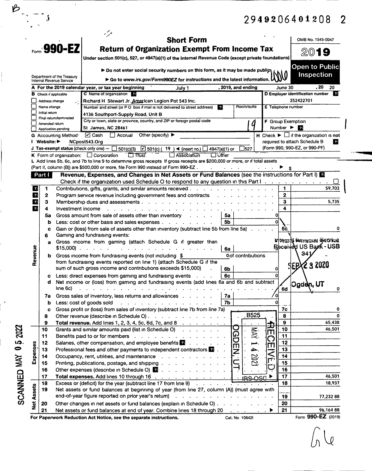 Image of first page of 2019 Form 990EO for American Legion - 543 Richard H Stewart Jr