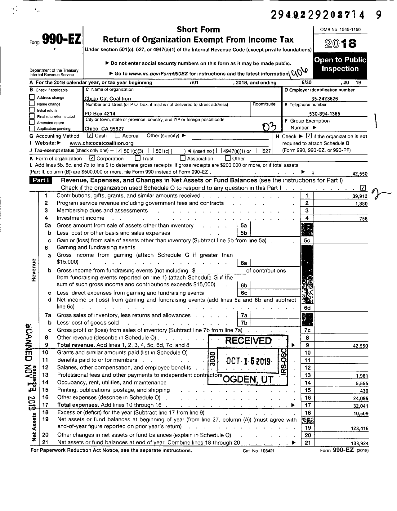 Image of first page of 2018 Form 990EZ for Chico Cat Coalition