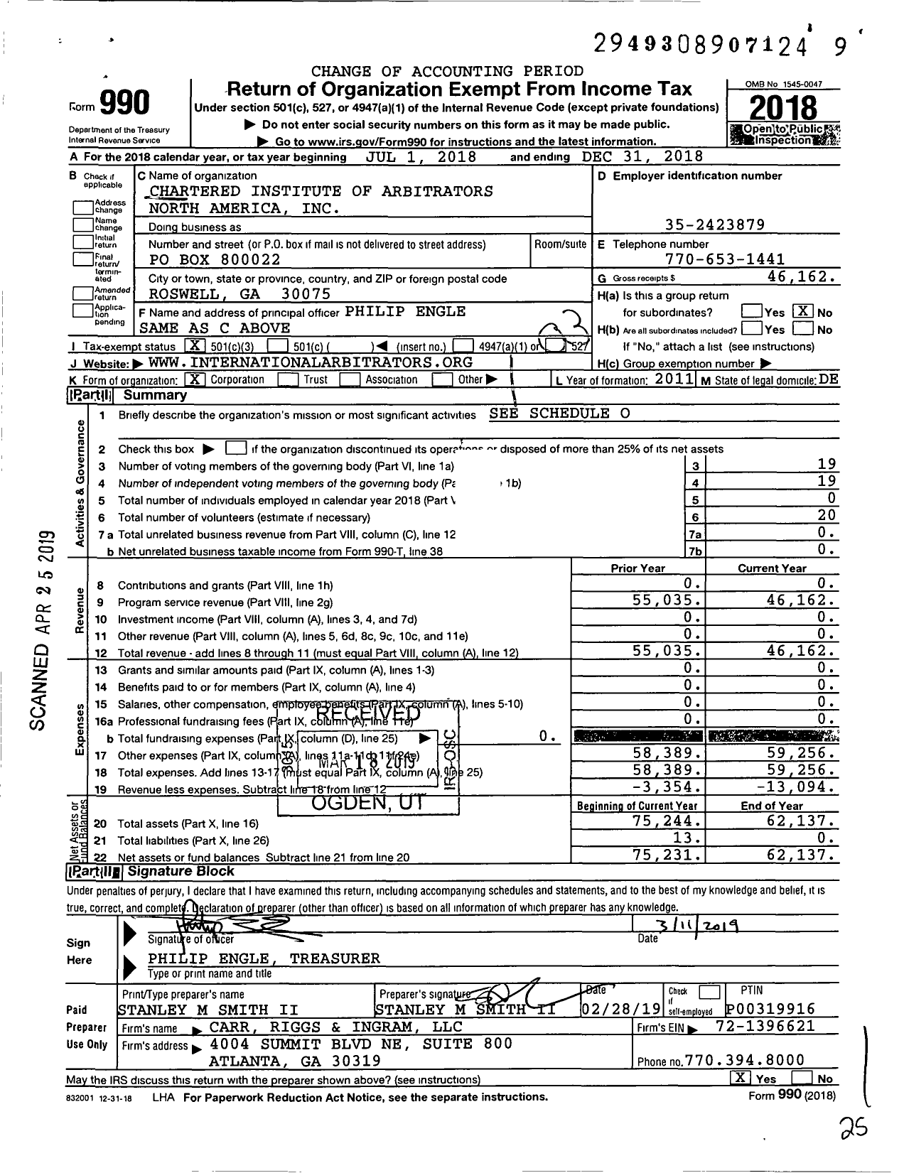 Image of first page of 2018 Form 990 for Chartered Institute of Arbitrators North America