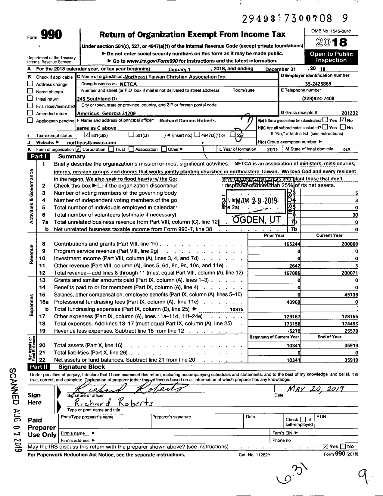 Image of first page of 2018 Form 990 for Northeast Taiwan Christian Association (NETCA)