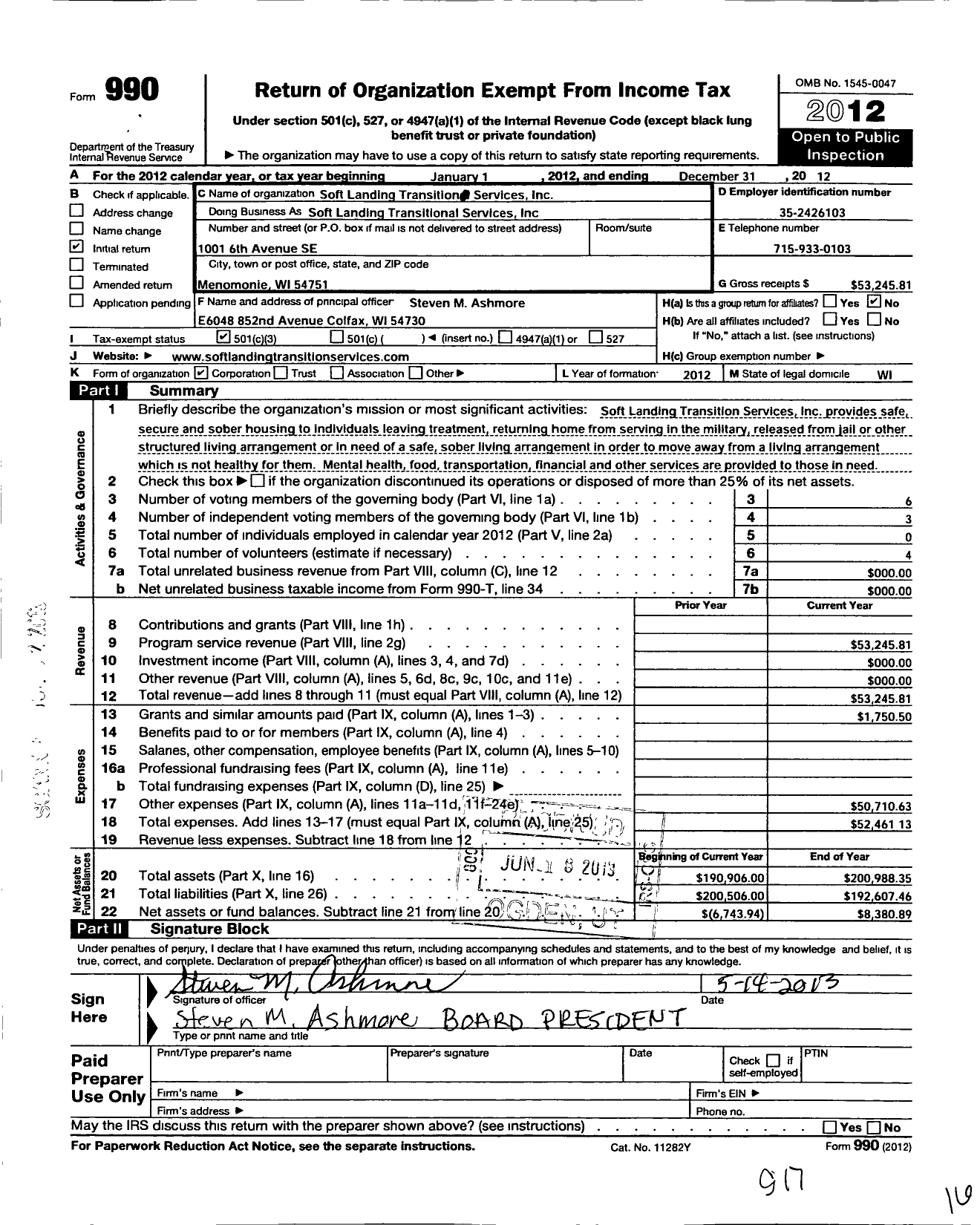 Image of first page of 2012 Form 990 for Soft Landing Transition