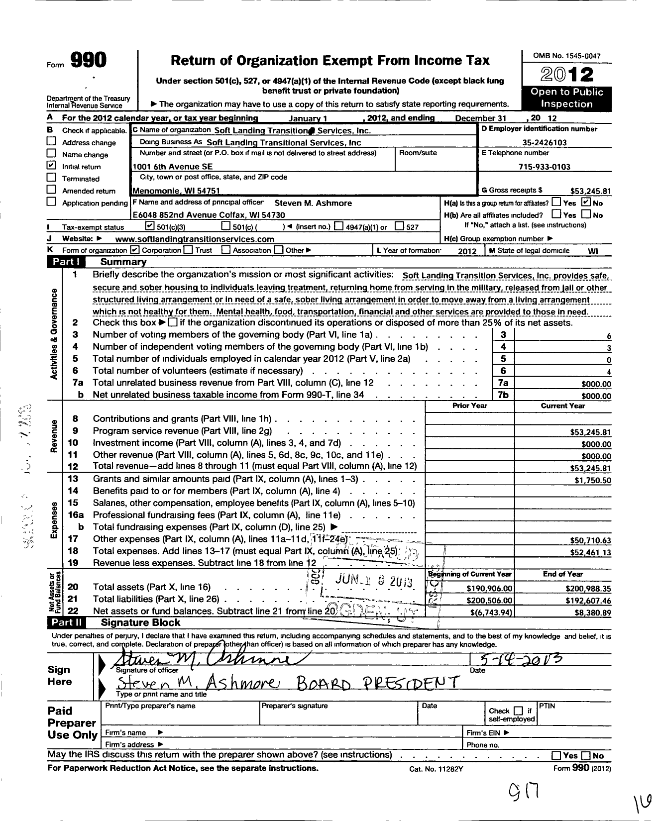 Image of first page of 2012 Form 990 for Soft Landing Transition Services