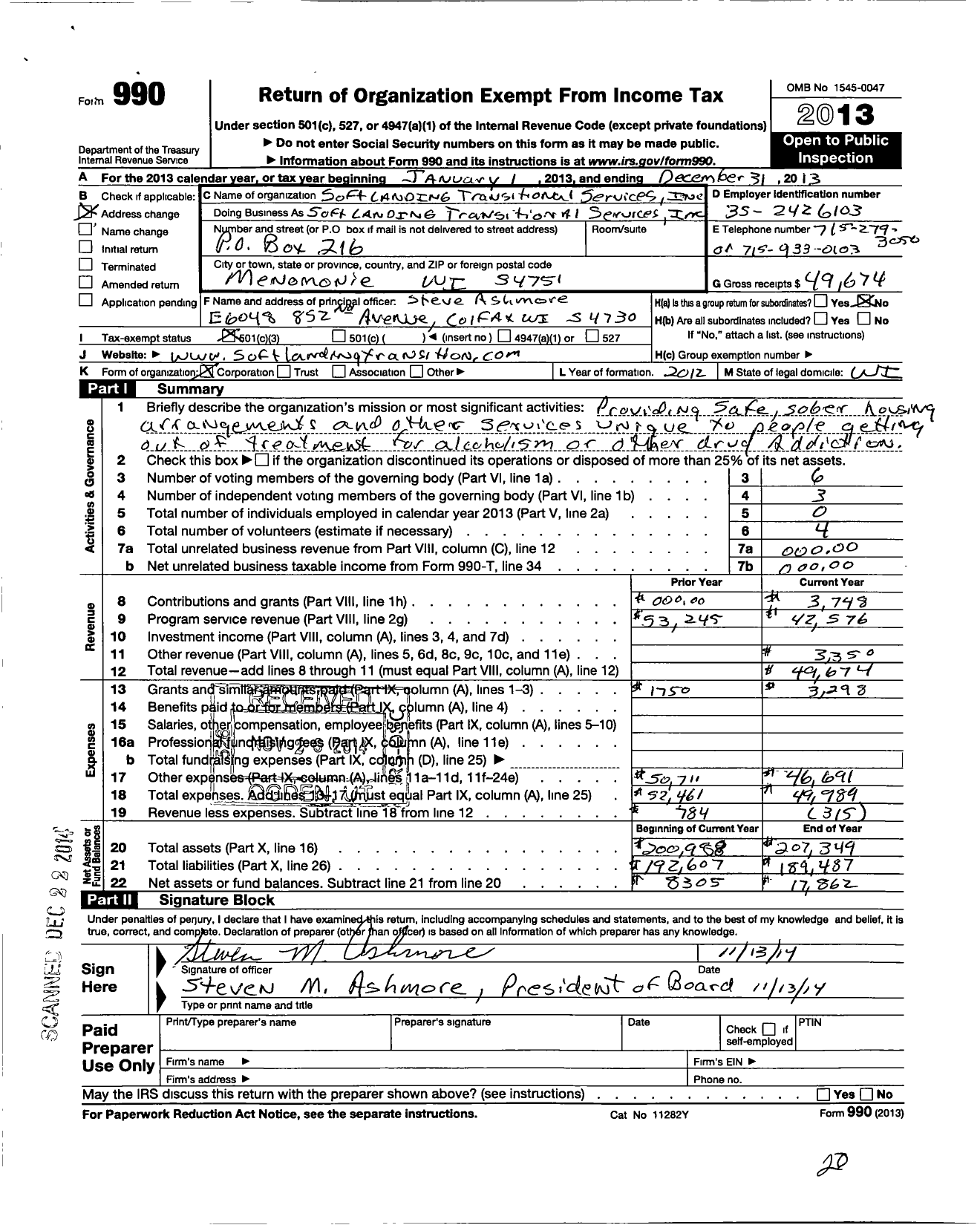 Image of first page of 2013 Form 990 for Soft Landing Transition