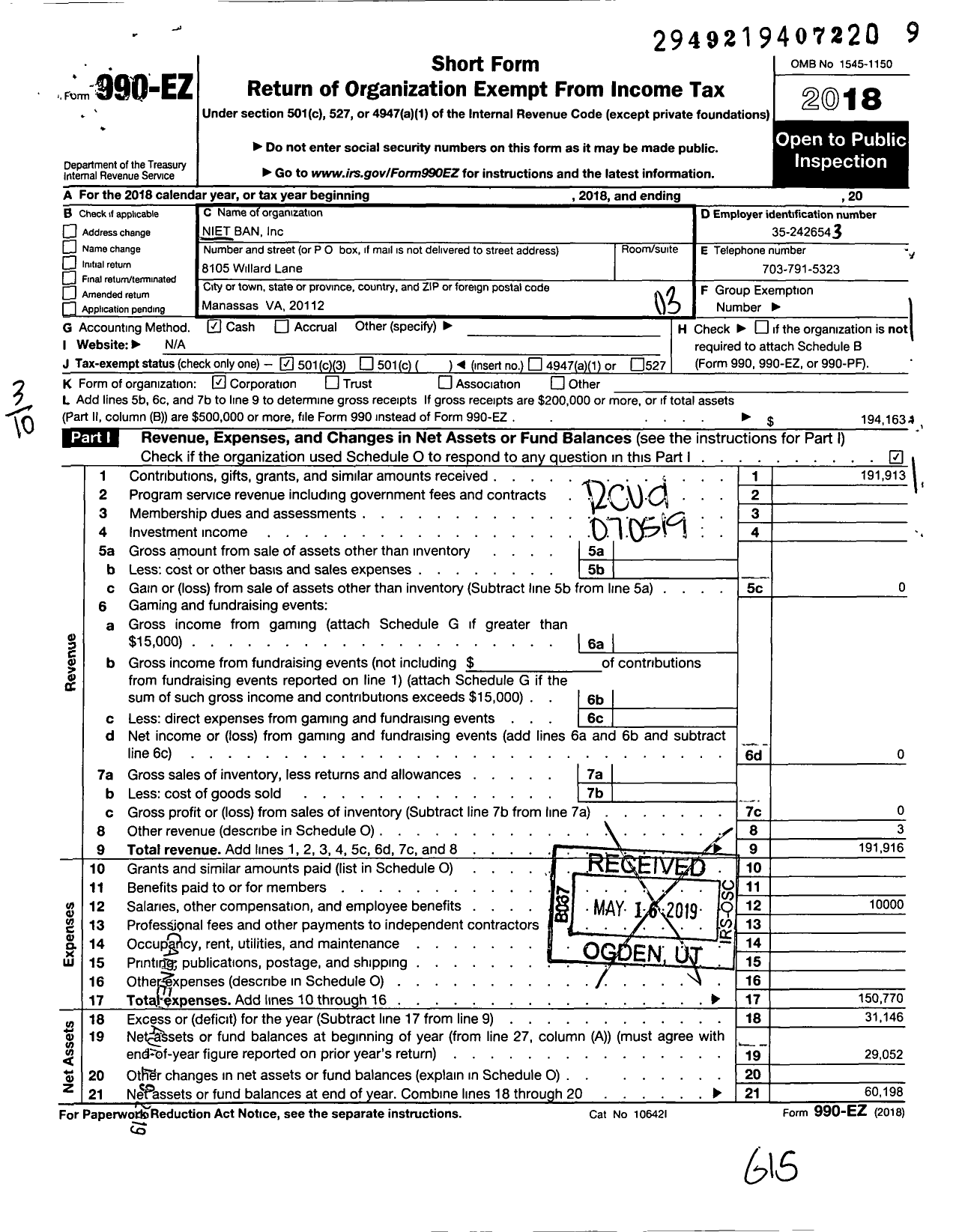 Image of first page of 2018 Form 990EZ for Niet Ban