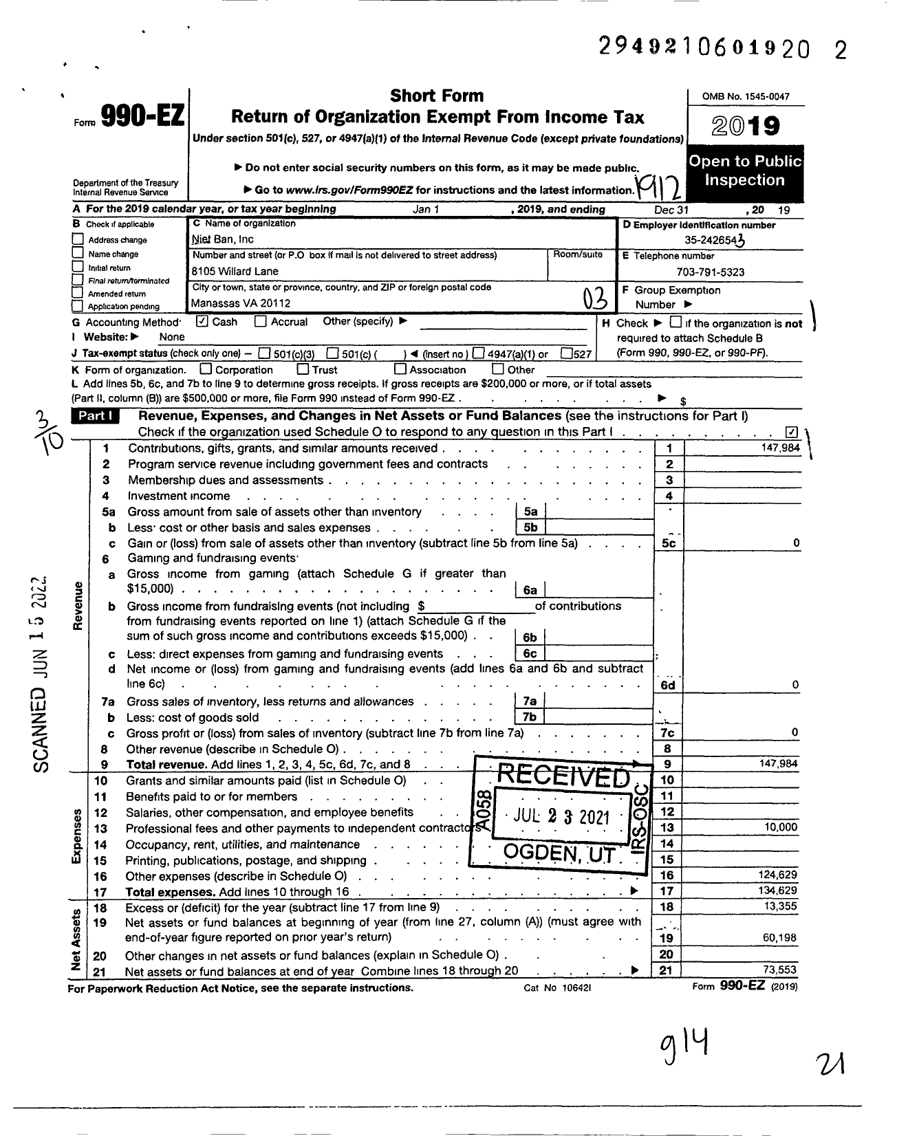 Image of first page of 2019 Form 990EZ for Niet Ban