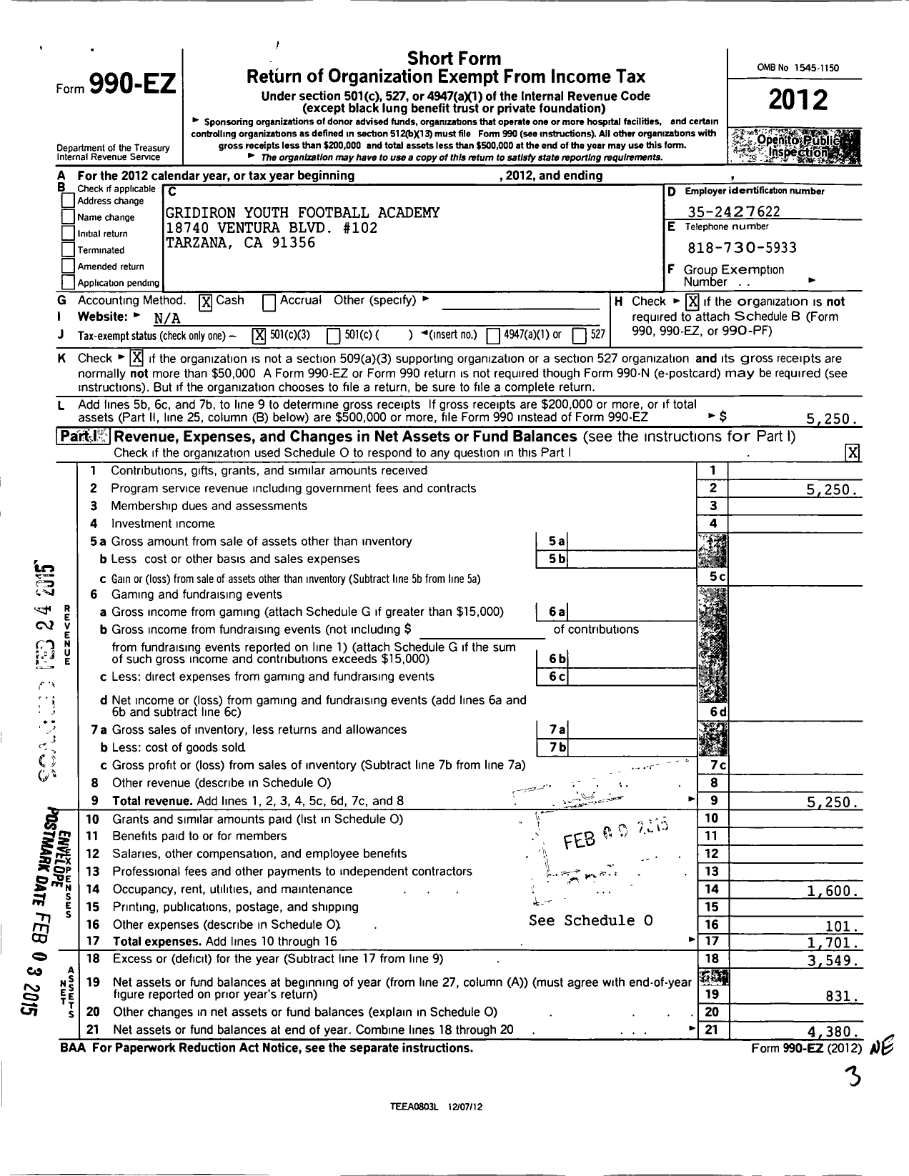 Image of first page of 2012 Form 990EZ for Gridiron Youth Football Academy