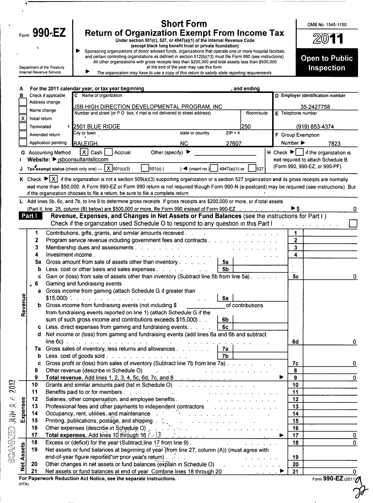 Image of first page of 2011 Form 990EZ for JSB High Direction Development Program