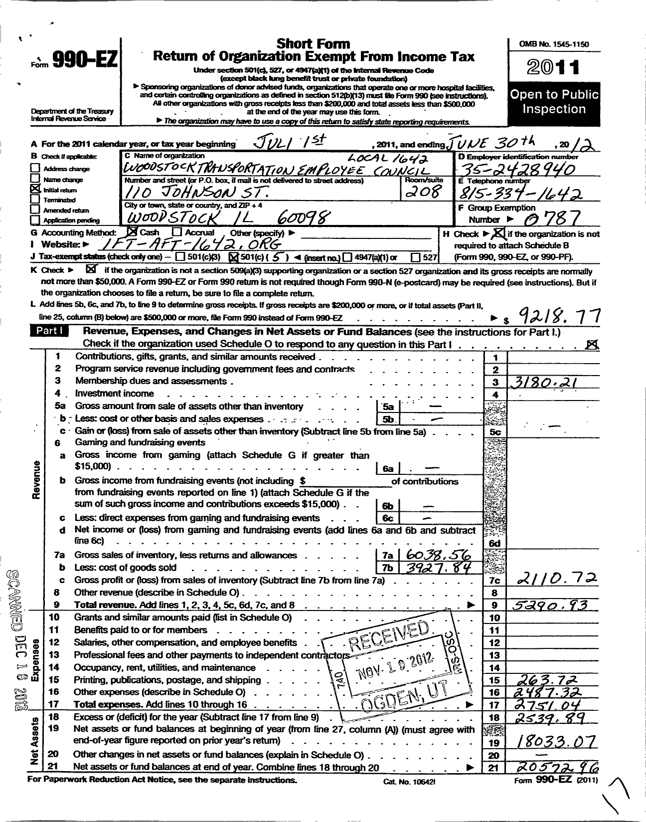 Image of first page of 2011 Form 990EO for American Federation of Teachers - 1642 Woodstock Transportation Emplo