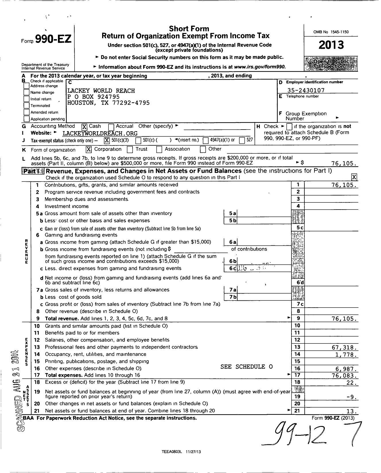 Image of first page of 2013 Form 990EZ for Lackey World Reach